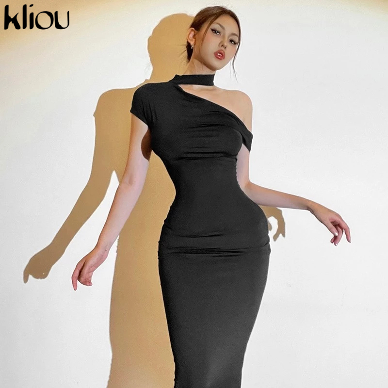 Kliou Elegant Casual Maxi Dresses Halter ไม่สมมาตร Skinny Solid อเนกประสงค์ฤดูร้อน Street บรรยากาศสไตล์การออกแบบอาวุโสแฟชั่น Hot Chick Summertime Lady 2024 ร้อนใหม่