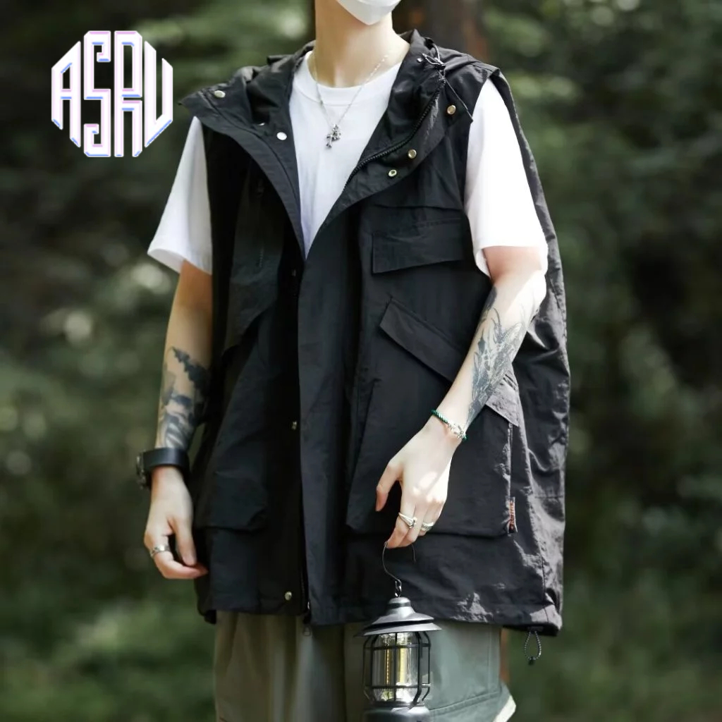 Asrv Street functional style multi-pocket hooded กันน้ําเสื้อกั๊กแขนกุด all-season cargo jacket