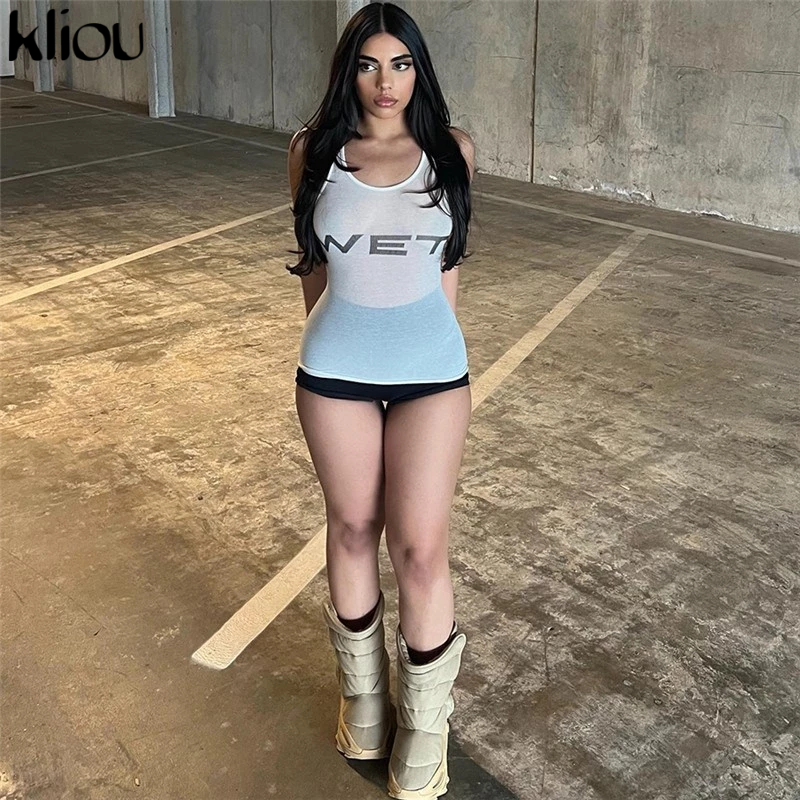 Kliou Elegant Casual Vest U Collar Off Sleeves Skinny Letter อเนกประสงค์ฤดูร้อน Street บรรยากาศสไตล์การออกแบบอาวุโสแฟชั่น Hot Chick Summertime Lady 2024 Hot New