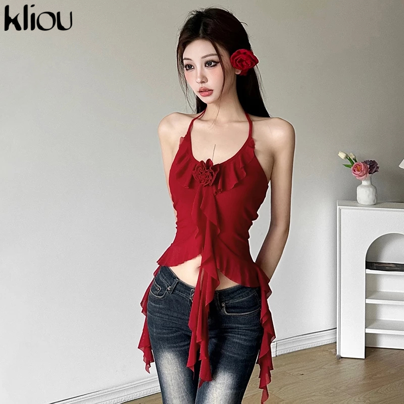 Kliou Elegant Casual Vest Halter Off แขน Skinny Rose Embellishment Rose Embellishment Frenulum Backless อเนกประสงค์ฤดูร้อน Street บรรยากาศสไตล์ริบบิ้นแฟชั่นใหม่