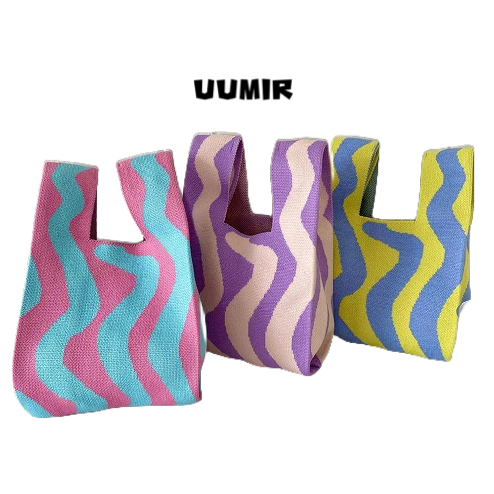 UUMIR   กระเป๋าถือ กระเป๋าช้อปปิ้ง ผ้าถัก แฮนด์เมด ขนาดเล็ก ลายทาง ใช้ซ้ําได้ สําหรับผู้หญิง