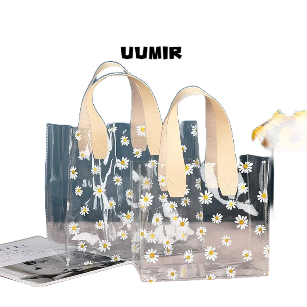 UUMIR  กระเป๋าช้อปปิ้ง PVC แบบใส หูหิ้ว ลายดอกเดซี่เล็ก กันน้ํา