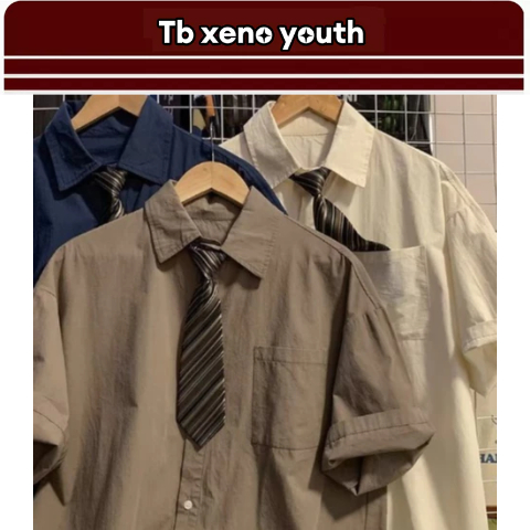 Tb xeno youth เสื้อเชิ้ต คอปก แขนห้าส่วน ทรงหลวม สีกากี สําหรับผู้ชาย
