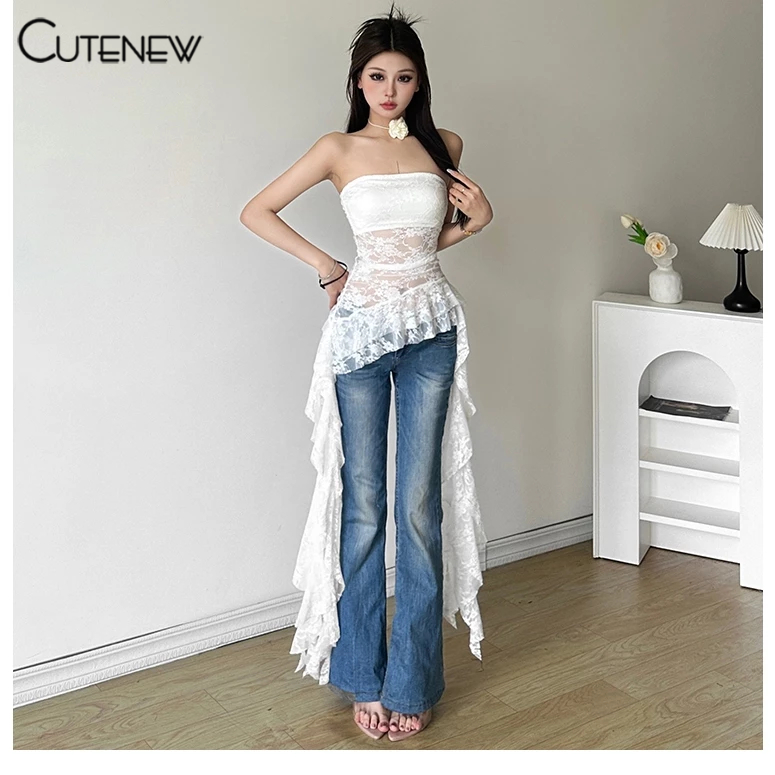 Cutenew ลูกไม ้ Patchwork Ruffle ปิดไหล ่ เสื ้ อกล ้ ามผู ้ หญิงฤดูร ้ อนหวาน Slim Crop Top