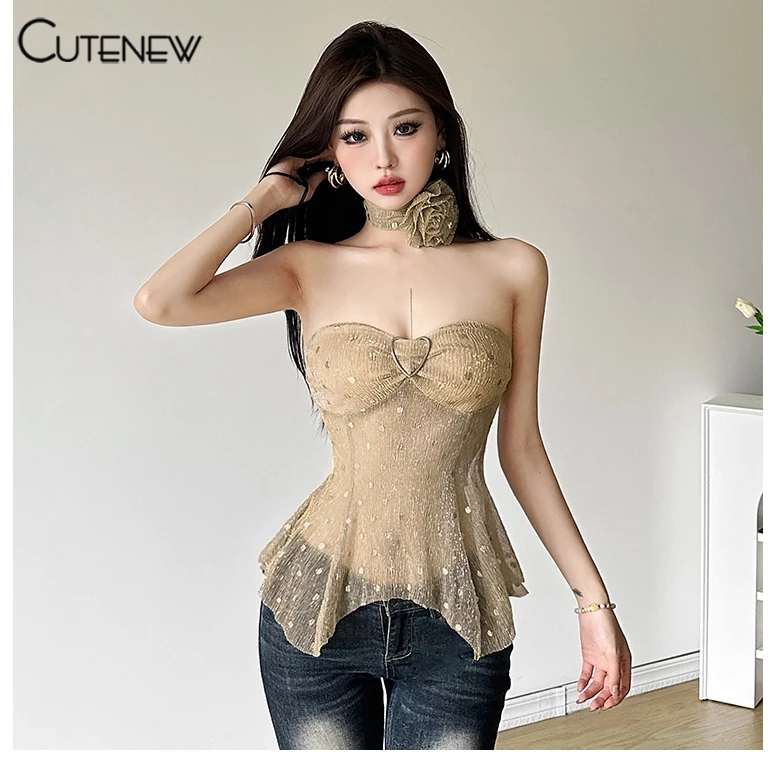 Cutenew Rhinestone Tank Top 3D ดอกไม ้ ตกแต ่ ง Choker สําหรับผู ้ หญิงฤดูร ้ อนหวานตาข ่ าย Patchwork Top