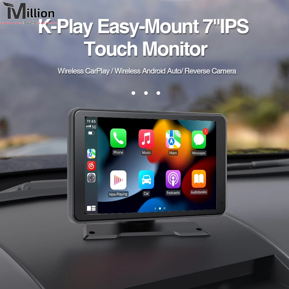 7 นิ้วไร้สาย CarPlay จอภาพหน้าจอแบบพกพาหน้าจอสัมผัสไร้สายเครื่องเล่นมัลติมีเดียในรถยนต์บลูทูธ-Enabled พร้อม CarPlay & Android