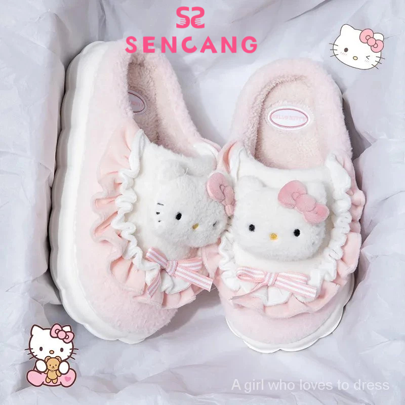 Sanlio รองเท้าแตะ ผ้าฝ้าย แต่งขนเฟอร์น่ารัก เหมาะกับใส่ในบ้าน ฤดูใบไม้ร่วง และฤดูหนาว สําหรับผู้หญิง
