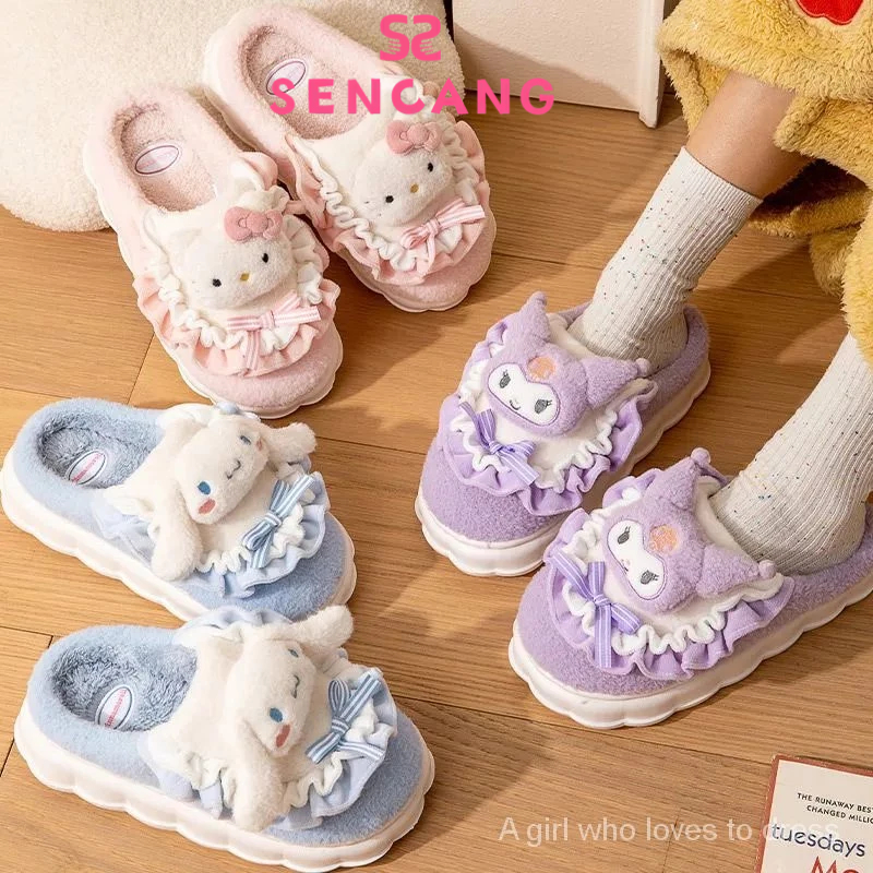 Sanlio รองเท้าแตะ ผ้าฝ้าย แต่งขนเฟอร์น่ารัก เหมาะกับใส่ในบ้าน ฤดูใบไม้ร่วง และฤดูหนาว สําหรับผู้หญิง