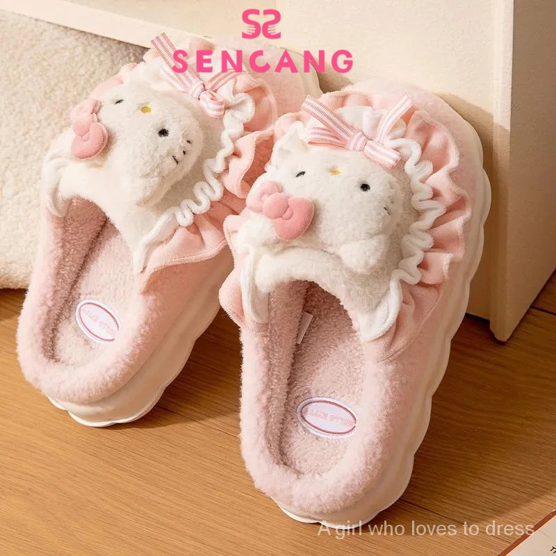 Sanlio รองเท้าแตะ ผ้าฝ้าย แต่งขนเฟอร์น่ารัก เหมาะกับใส่ในบ้าน ฤดูใบไม้ร่วง และฤดูหนาว สําหรับผู้หญิง