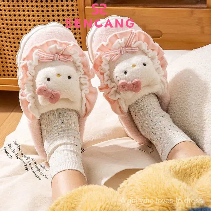 Sanlio รองเท้าแตะ ผ้าฝ้าย แต่งขนเฟอร์น่ารัก เหมาะกับใส่ในบ้าน ฤดูใบไม้ร่วง และฤดูหนาว สําหรับผู้หญิง