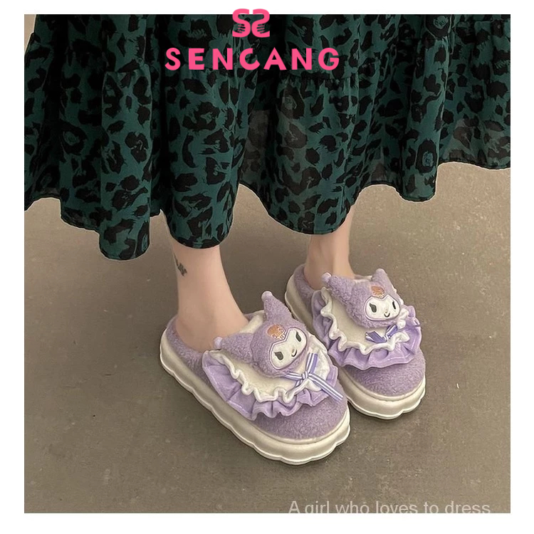 Sanlio รองเท้าแตะ ผ้าฝ้าย แต่งขนเฟอร์น่ารัก เหมาะกับใส่ในบ้าน ฤดูใบไม้ร่วง และฤดูหนาว สําหรับผู้หญิง
