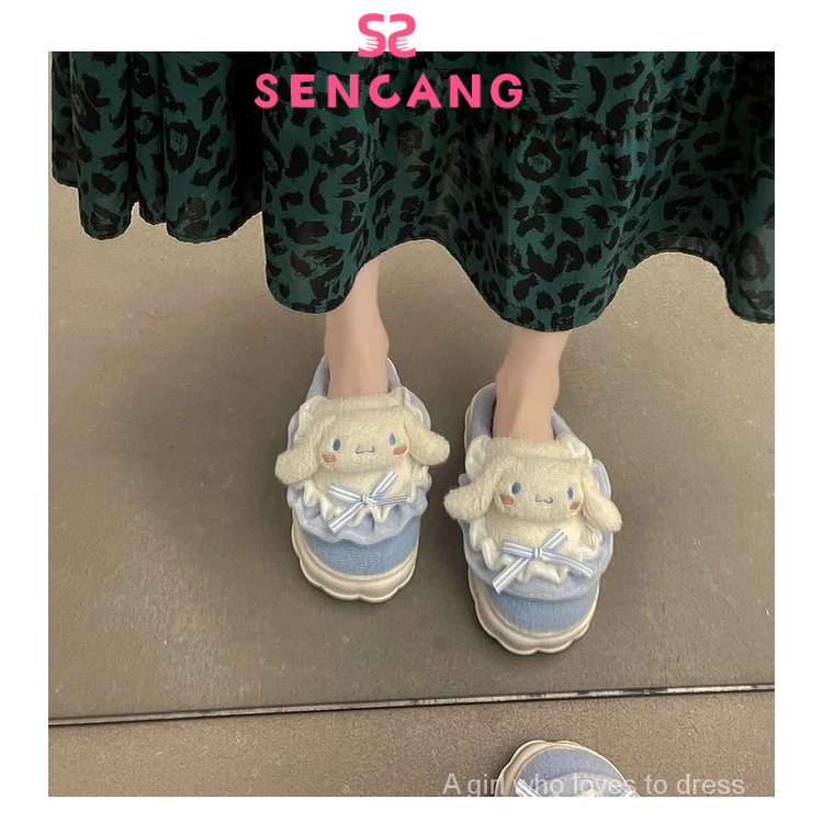 Sanlio รองเท้าแตะ ผ้าฝ้าย แต่งขนเฟอร์น่ารัก เหมาะกับใส่ในบ้าน ฤดูใบไม้ร่วง และฤดูหนาว สําหรับผู้หญิง