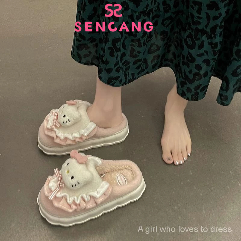 Sanlio รองเท้าแตะ ผ้าฝ้าย แต่งขนเฟอร์น่ารัก เหมาะกับใส่ในบ้าน ฤดูใบไม้ร่วง และฤดูหนาว สําหรับผู้หญิง