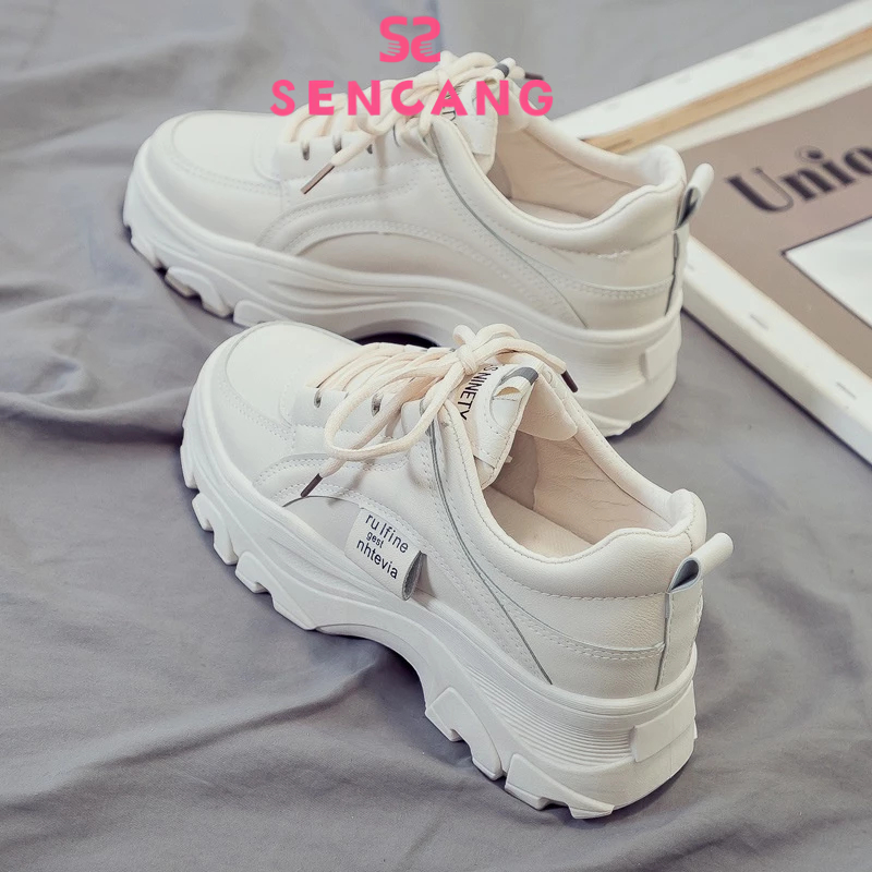 รองเท้าผ้าใบ รองเท้าแพลทฟอร์ม แฟชั่นสำหรับสตรี สีขาว
