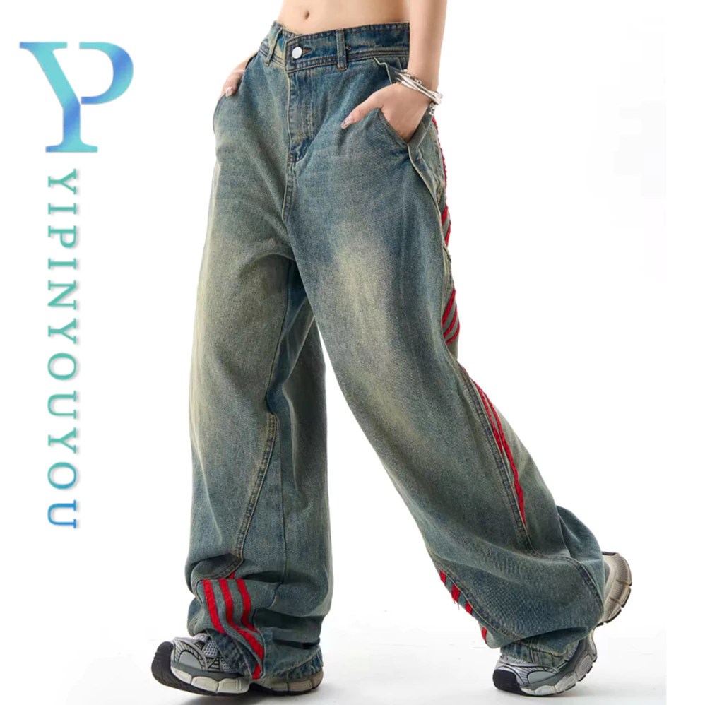 YIPINYOUYOU กางเกงยีนส ์ ผู ้ ชายอเมริกันย ้ อนยุคหลวมสบายๆลายตัดกันเย ็ บคุณภาพสูงกางเกงยีนส ์ สไตล ์ เป ็ นกลาง