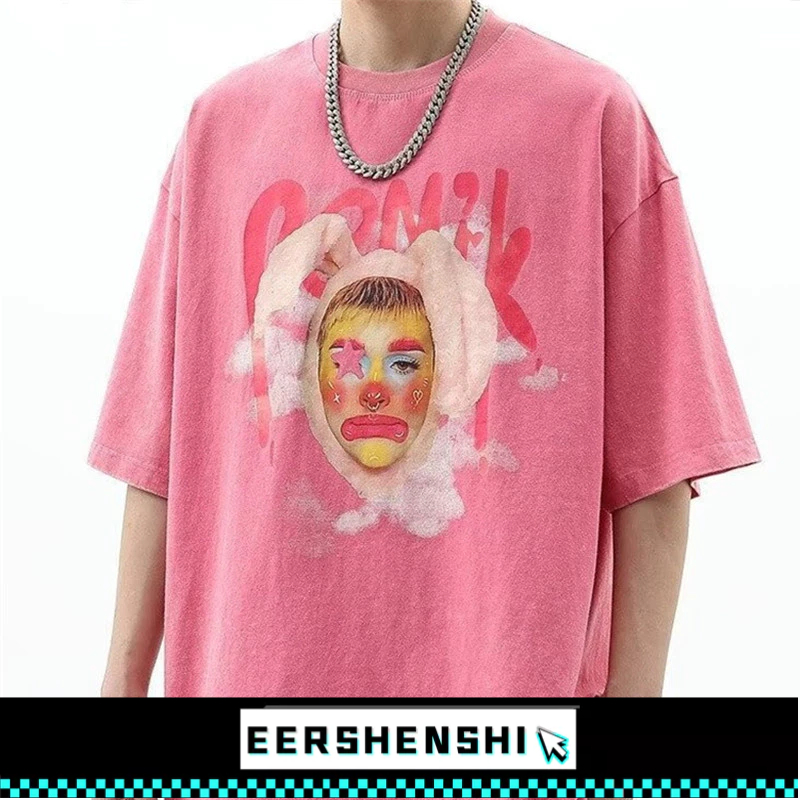 EERSHENSHI เสื ้ อยืดย ้ อนยุคสตรีทสนุกเยาวชนหลวมประเภทล ้ างแขนสั ้ นฤดูร ้ อน
