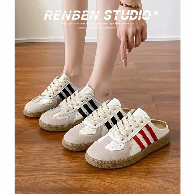 Renben ใหม่แฟลชเงินหนังย้อนยุคพื้นหนาแบบสวมรองเท้าแตะขี้เกียจ Dexun