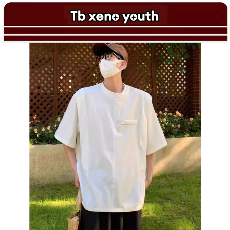 Tb xeno เสื ้ อยืดชายเยาวชนสไตล ์ เกาหลีแขนสั ้ นโครงสร ้ างเย ็ บสีทึบเรียบง ่ ายด ้ านบน
