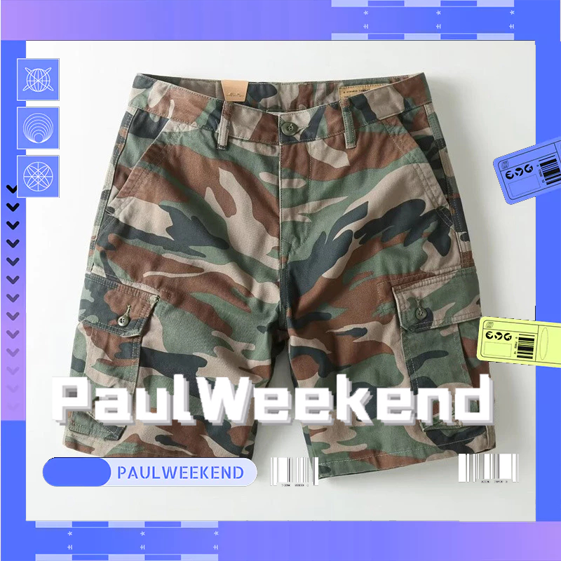 PaulWeekend กางเกงขาสั้นแบรนด์อินเทรนด์  ทรงหลวมและลำลองขนาดใหญ่