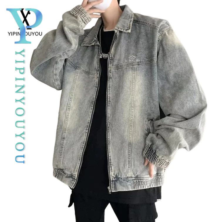 Yipinyouyou เสื้อแจ็กเก็ตยีน แขนยาว ปักลาย ทรงหลวม สไตล์ฮิปฮอป เรโทร แฟชั่นสําหรับผู้ชาย