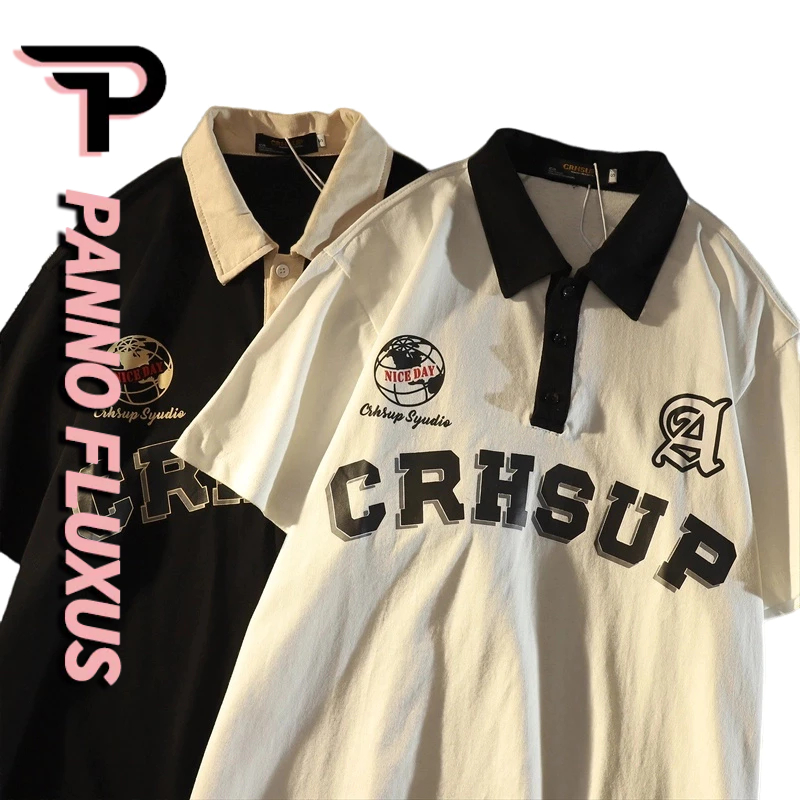 PannoFluxus ฤดูร้อนใหม่ของผู้ชายญี่ปุ่นอินเทรนด์ห้าส่วนแขนเสื้อโปโลเยาวชนนิยมพิมพ์ด้านบนทั้งหมด