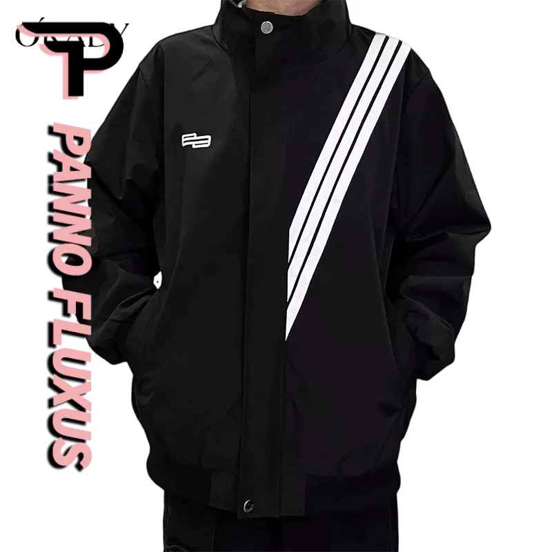 PannoFluxus ฤดูใบไม้ผลิของผู้ชายใหม่หล่อยืนปกสามแถบลายทแยงโมเสคคู่สไตล์แจ็คเก็ตแบรนด์อินเทรนด์