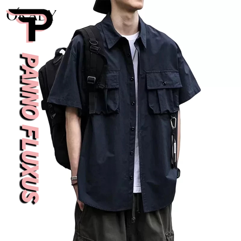 PannoFluxus ใหม่ Retro ญี่ปุ่นเครื่องมือล้างเสื้อแขนสั้นผู้ชายอินเทรนด์แบรนด์หลวมสบายๆ