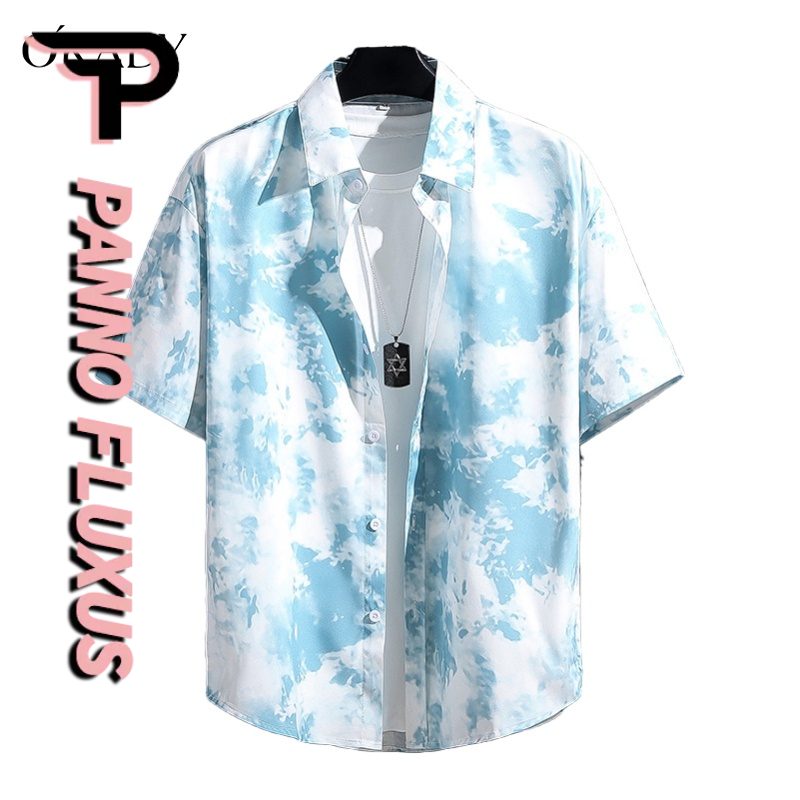 PannoFluxus เสื้อเชิ้ต แขนสั้น ติดกระดุม ทรงหลวม แฟชั่นผู้ชาย ลำลองสไตล์เกาหลีมีแถบ