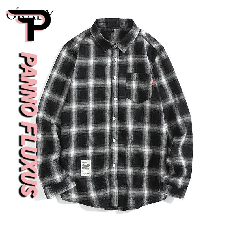 PannoFluxus เสื้อเชิ๊ตผู้ชาย ลายสก็อตแขนยาว สไตล์เกาหลี อินเทรนด์