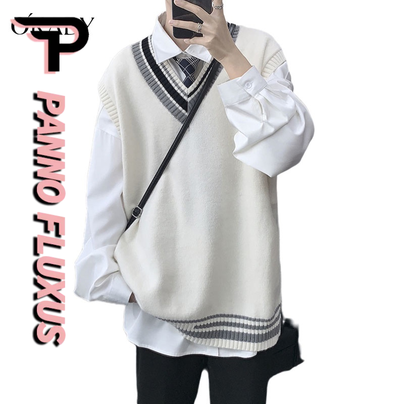 PannoFluxus เสื้อกั๊กถักคู่คอวีแฟชั่นของผู้ชายสไตล์เกาหลี ins เสื้อกั๊กแขนกุดที่อบอุ่น