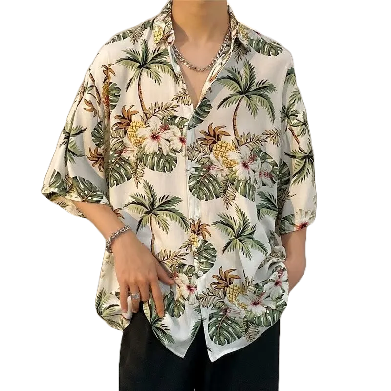 PannoFluxus เสื้อเชิ้ต พิมพ์ลายต้นมะพร้าว เหมาะกับเดินชายหาด สไตล์ฮาวาย แฟชั่นเรโทร สําหรับผู้ชาย