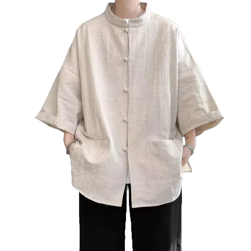 PannoFluxus ใหม่ เสื้อแจ็กเก็ตยาว แขนสั้น ผ้าลินิน สไตล์จีน แฟชั่นฤดูร้อน สําหรับผู้ชาย