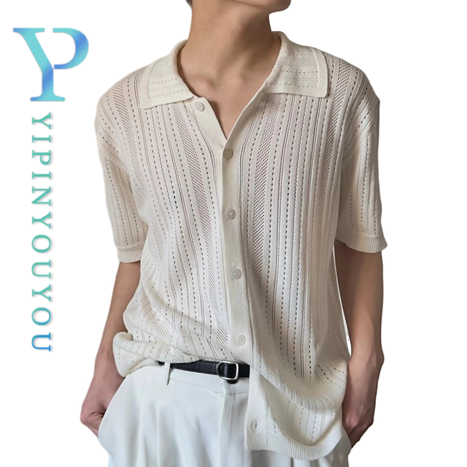 Yipinyouyouyou ฤดูร ้ อนถักแขนสั ้ นหลวมปกเสื ้ อกลวงอเมริกันย ้ อนยุคเสื ้ อสีทึบ