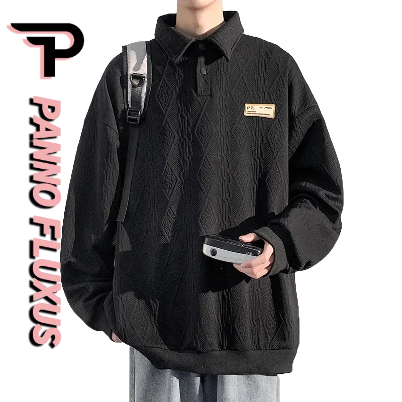 PannoFluxus เสื้อกันหนาวแขนยาวลําลอง คอปกโปโล ทรงหลวม อินเทรนด์คู่รัก สําหรับผู้ชาย