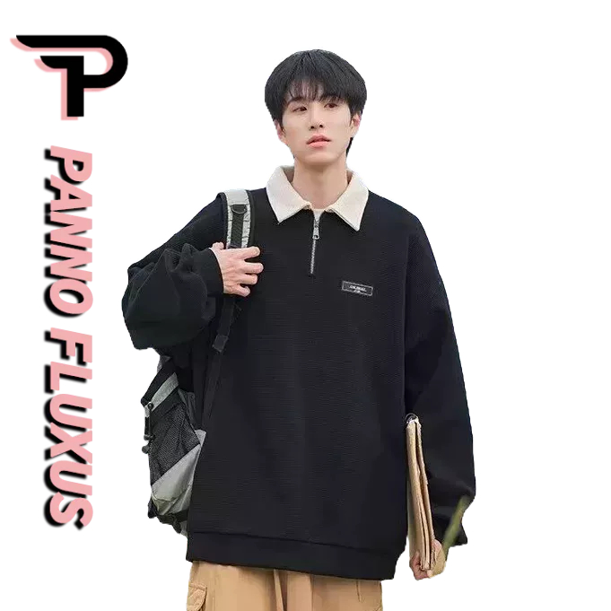 PannoFluxus เสื้อสเวตเตอร์คอปกโปโลฤดูหนาว สไตล์ถนนอเมริกัน เสื้อสเวตเตอร์ผู้ชายแฟชั่นซิปครึ่ง