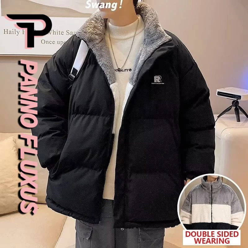 PannoFluxus เสื้อโค้ท ผ้าฝ้าย และผ้ากํามะหยี่ แบบหนา สามารถพลิกกลับได้ แฟชั่นฤดูหนาว สไตล์เกาหลี สําหรับผู้ชาย