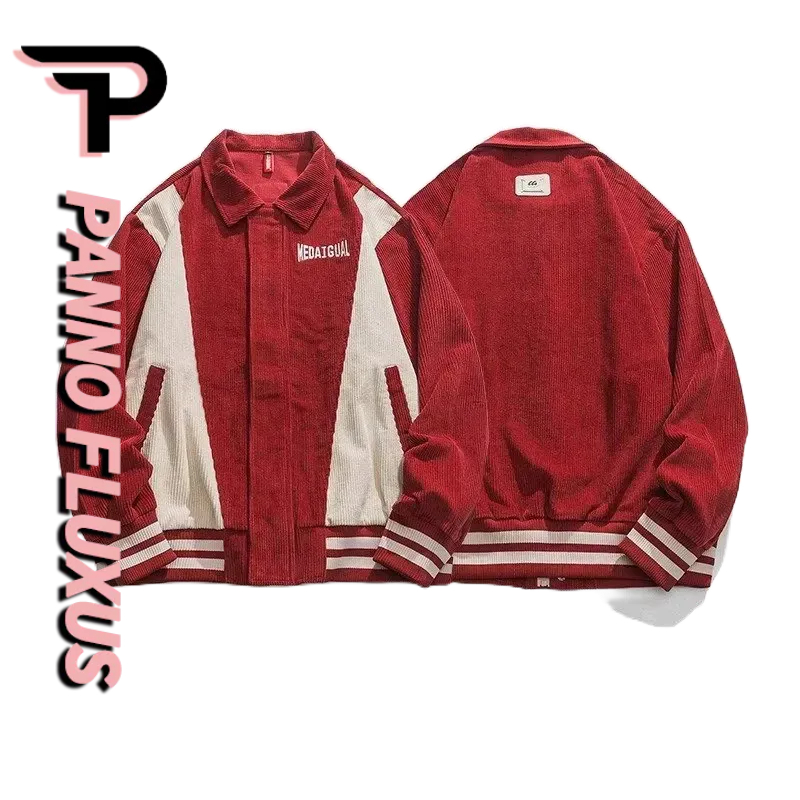 PannoFluxus เสื้อแจ็กเก็ตเบสบอล ผ้าลูกฟูก สีตัดกัน สไตล์อเมริกันเรโทร