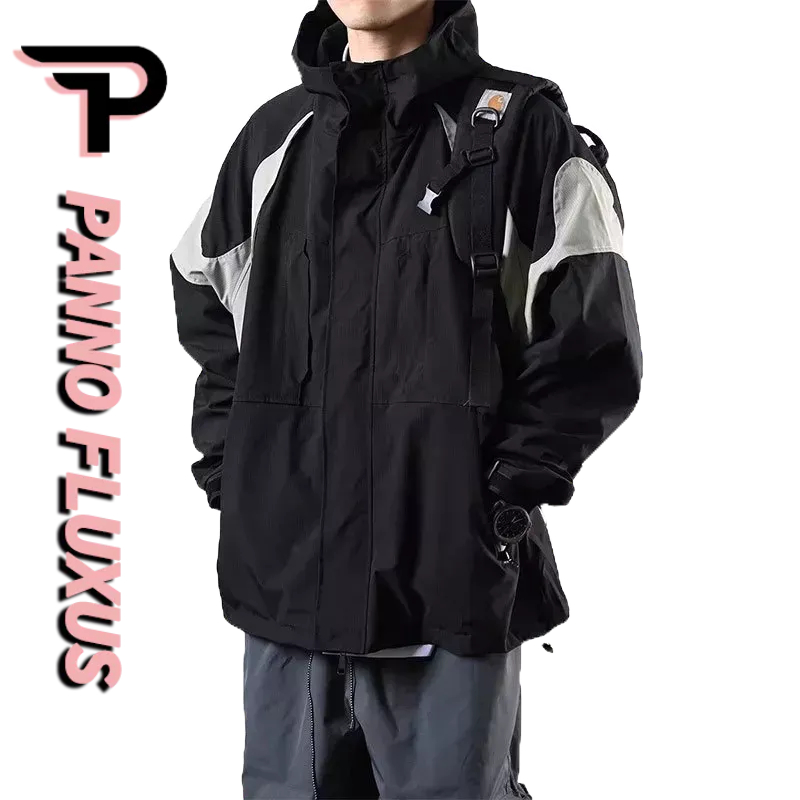 PannoFluxus เสื้อแจ็กเก็ตลําลอง มีฮู้ด ปักลาย สีตัดกัน สไตล์ญี่ปุ่น เรโทร สําหรับผู้ชาย
