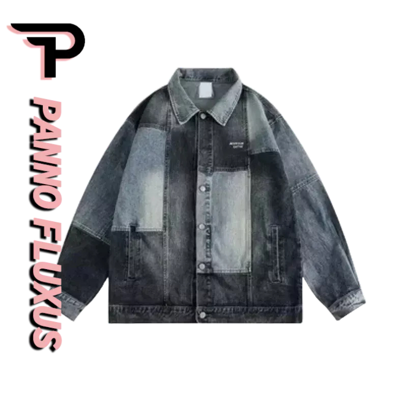 PannoFluxus ความรู้สึกการออกแบบของผู้ชายตัดกันสีเสื้อแจ็คเก็ตยีนส์ด้อยคุณภาพแบรนด์อินเทรนด์หลวมแจ็คเก็ตปกลำลอง