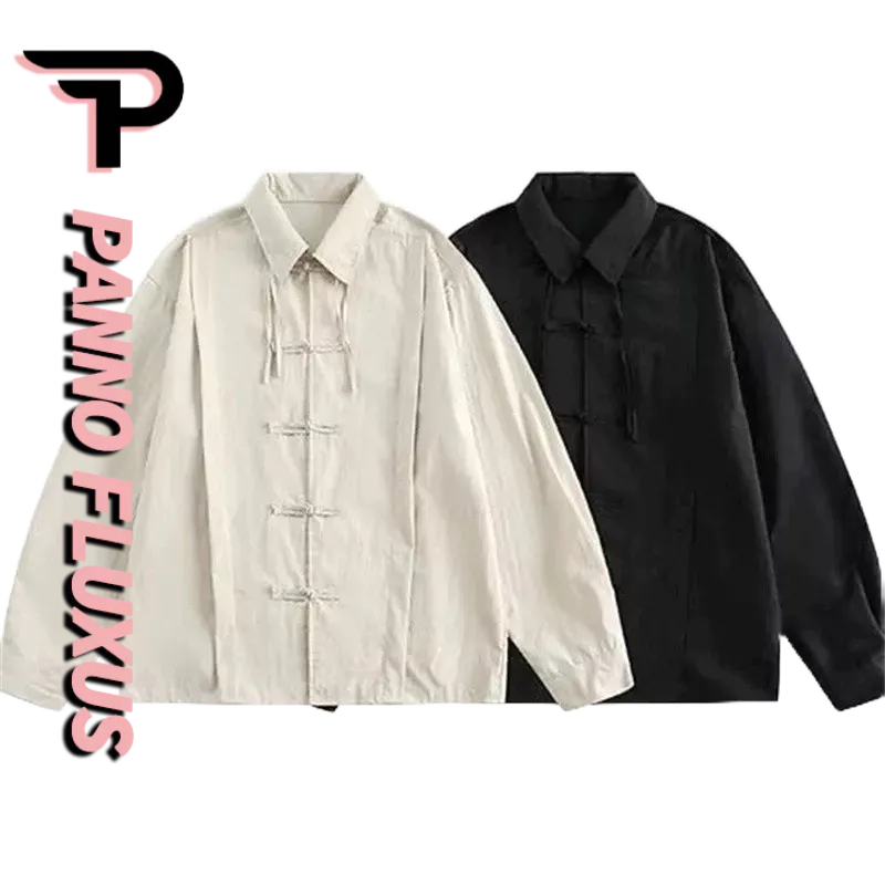 PannoFluxus เสื้อเชิ้ตแขนยาว แต่งจับจีบ สีพื้น สไตล์จีน แฟชั่นฤดูใบไม้ผลิ