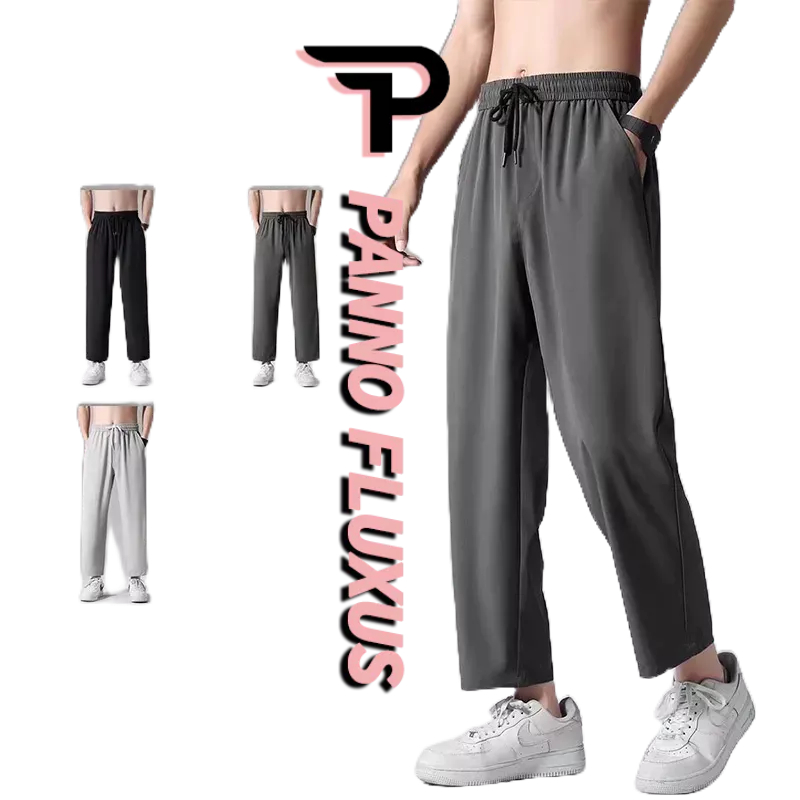 PannoFluxus กางเกงเทรนดี้ทรงสลิมของผู้ชาย ผ้าไหมน้ำแข็ง ขาตรง กางเกงขากว้างทรงหลวม