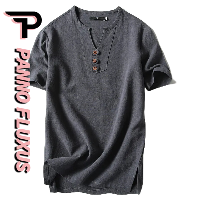PannoFluxus เสื้อยืดผ้าลินินชายหลวมลำลองระบายอากาศและสะดวกสบาย