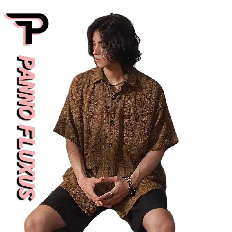 PannoFluxus ใหม่เสื้อเชิ้ตหลวมสีทึบเรียบง่ายของผู้ชายกลวงเยาวชนแขนสั้นยอดนิยม