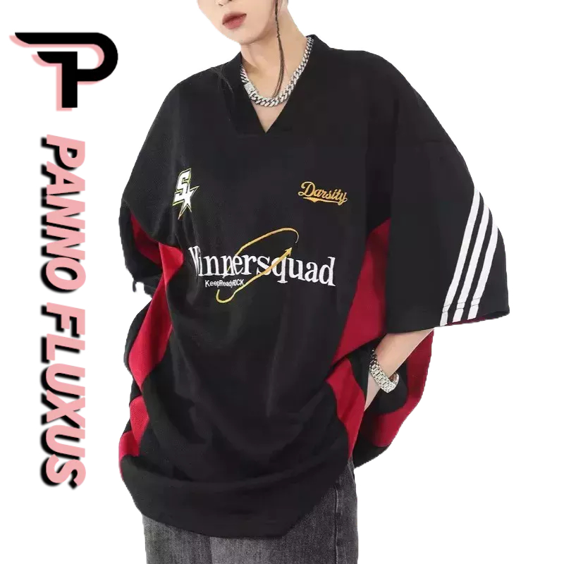 PannoFluxus เสื้อยืดแขนสั้น คอวี พิมพ์ลายตัวอักษร ทรงหลวม คุณภาพสูง แบบเรียบง่าย แฟชั่นทันสมัย