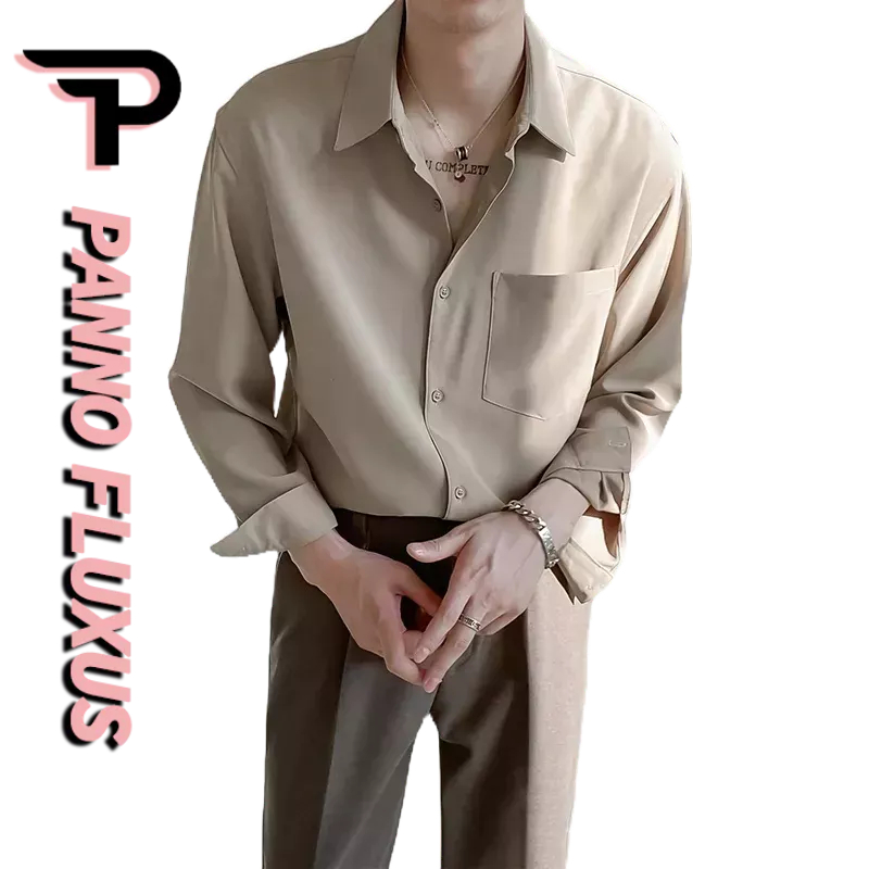 PannoFluxus ใหม่ เสื้อเชิ้ตแขนยาวผู้ชายสไตล์เกาหลีนุ่มเรียบง่ายอินเทรนด์เสื้อเชิ้ตสีทึบไม่รีด