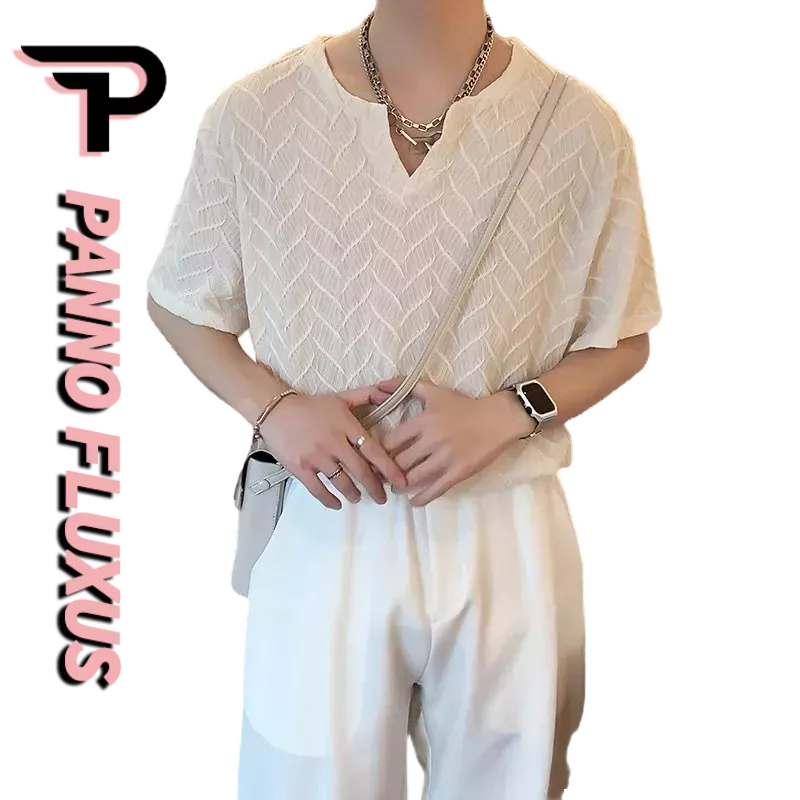 PannoFluxus เสื้อยืดจีบผู้ชายอินเทรนด์แบรนด์ใหม่หลวมระดับไฮเอนด์อินเทรนด์ผู้ชายแขนสั้นด้านบน
