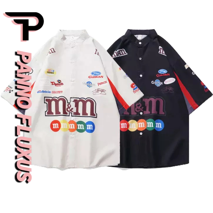 PannoFluxus เสื้อผู้ชาย เสื้อจับคู่สีสไตล์อเมริกันเทรนด์ฤดูร้อนเสื้อยืดลำลองหลวมคู่พิมพ์ชุดแข่ง เสื้อเชิ้ตชมพู