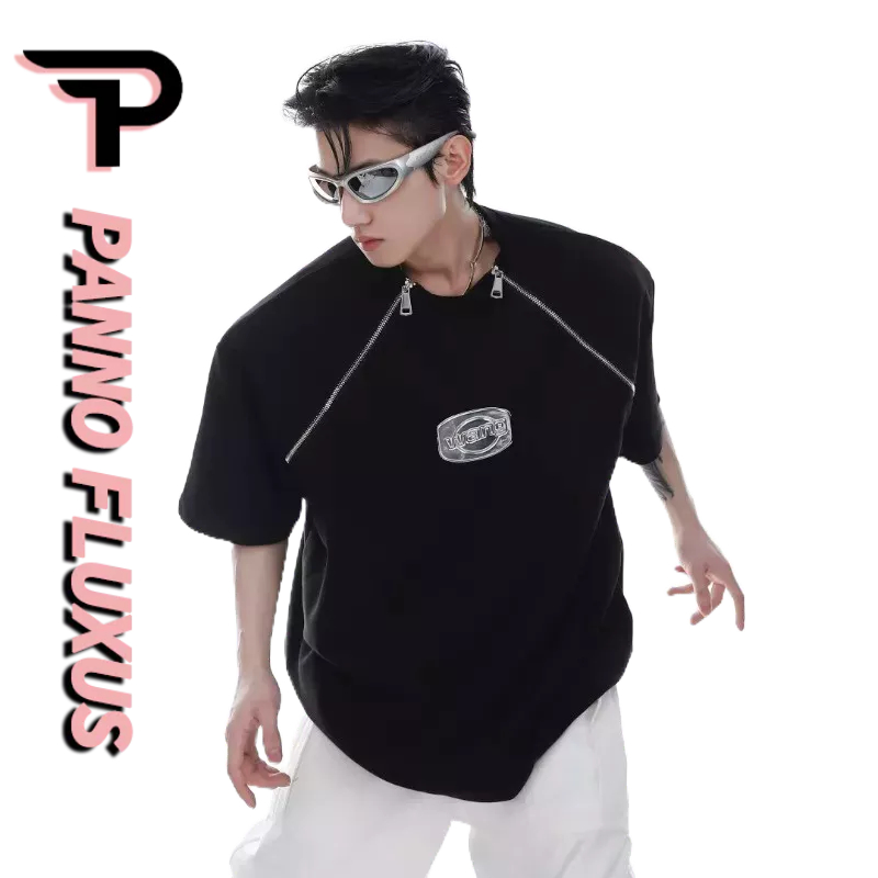PannoFluxus ผู้ชายซิปคู่ออกแบบความรู้สึกช่องแขนสั้นเสื้อยืดอเมริกันขนาดใหญ่แบรนด์น้ำถนนสูงครึ่งแขน