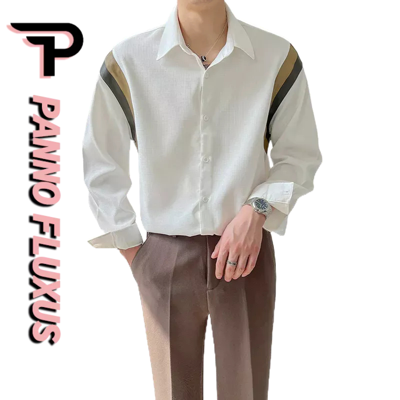 PannoFluxus [มีสินค้าในสต๊อก] เสื้อเชิ้ตผู้ชายแฟชั่นลายทางสไตล์เกาหลีเชิ้ตแขนยาวหลวมสบาย ๆ ด้านบนเย็บประกบ