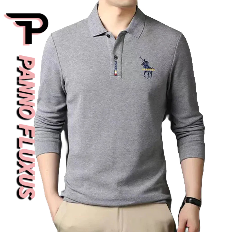 PannoFluxus เสื้อโปโลแขนยาว คอปก ขนาดใหญ่ ปักลาย แฟชั่นฤดูใบไม้ร่วง และฤดูหนาว สําหรับผู้ชายวัยกลางคน